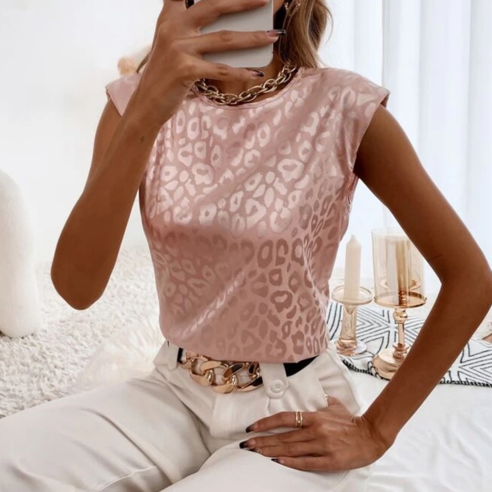 Satin brown leopard print sleeveless blouse - Picture 12 of 15